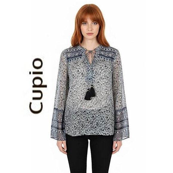 CUPIO, Boho navy blue and white print long sleeve blouse with front tie - Picture 1 of 8